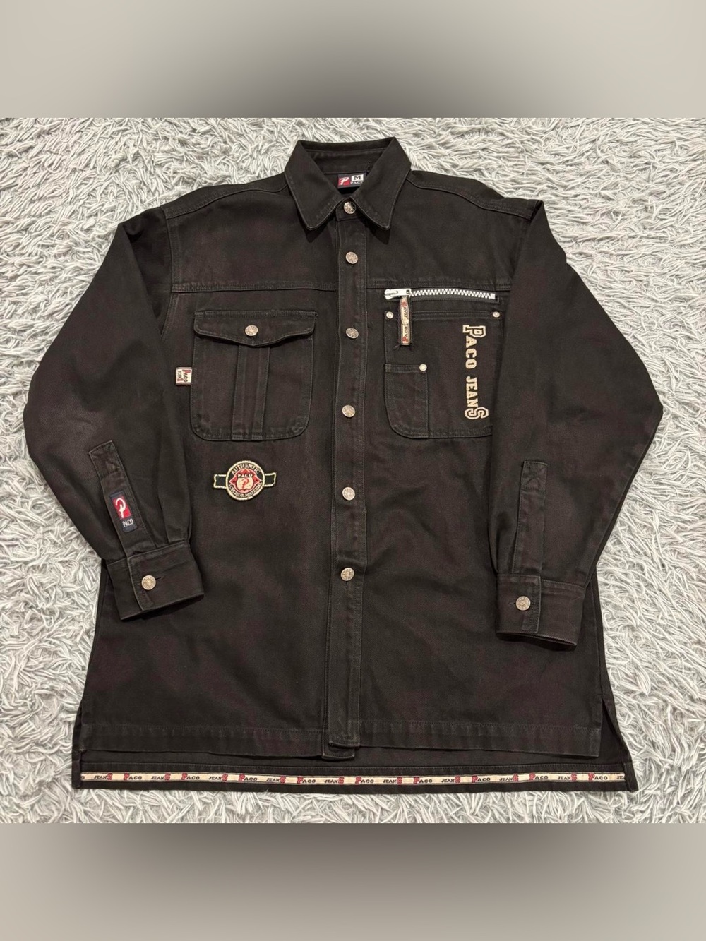 Vintage Paco Jeans Jacket Mens Medium Black Denim Y2K Streetwear 90s Rap Buckles